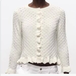 Zara white  Ruffle-Trim Knit Cardigan large - NWOT